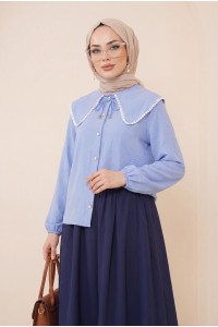 Baby Collar Laced Elastic Sleeve Shirt -Blue
