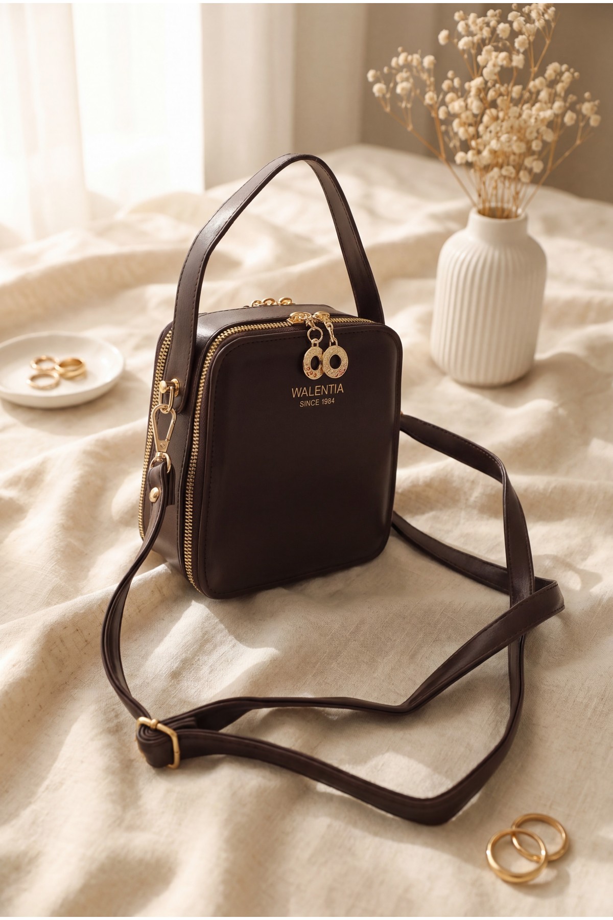 Square Design Functional Mini Shoulder Bag -Dark Coffee