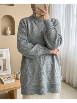 Baklava Desenli Yumoş Triko Tunik  -Gri