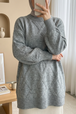 Baklava Desenli Yumoş Triko Tunik  -Gri