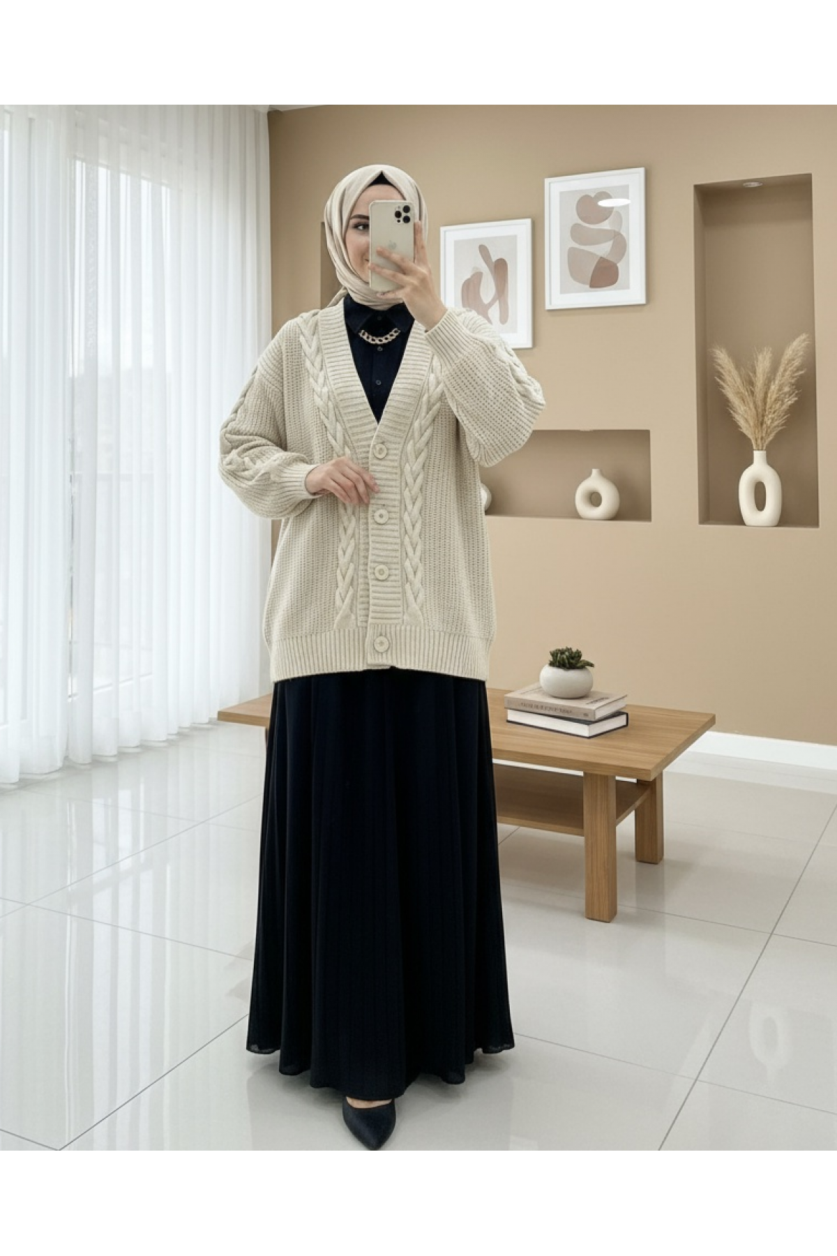 Knitted Chain Detailed Winter Cardigan  -Stone