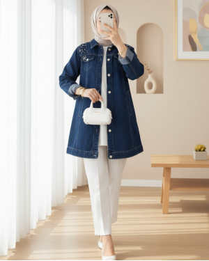 Taş İşlemeli Yıkamalı Kot Ceket   -Laci