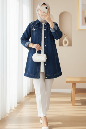 Taş İşlemeli Yıkamalı Kot Ceket   -Laci