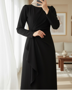 Önü Allerli Eteği Asimetrik Krep Elbise -Siyah