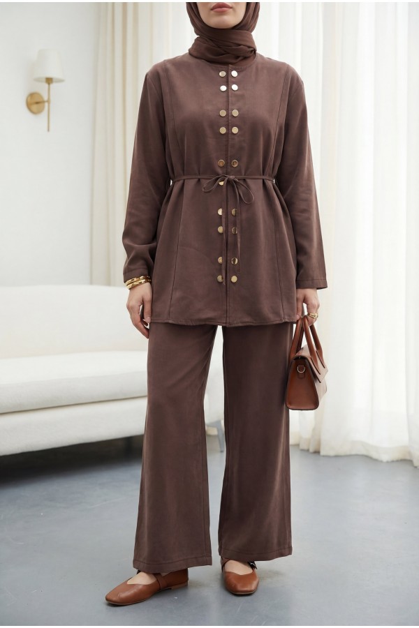 Modal Suit with Double Snap Button Detail, Round Neck, Wide Leg Trousers -Brown