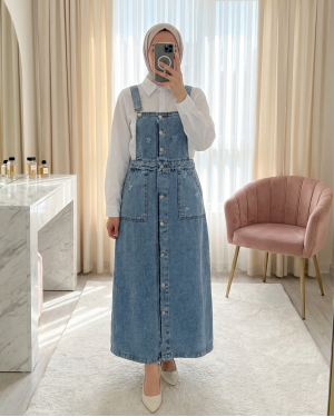 Distressed Detail Full-Length Buttoned Double Pocket Denim Overalls -Ice Blue