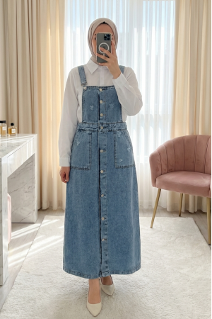 Yıpratma Detaylı Boydan Düğmeli Çift Cepli Kot Salopet -Buz Mavi