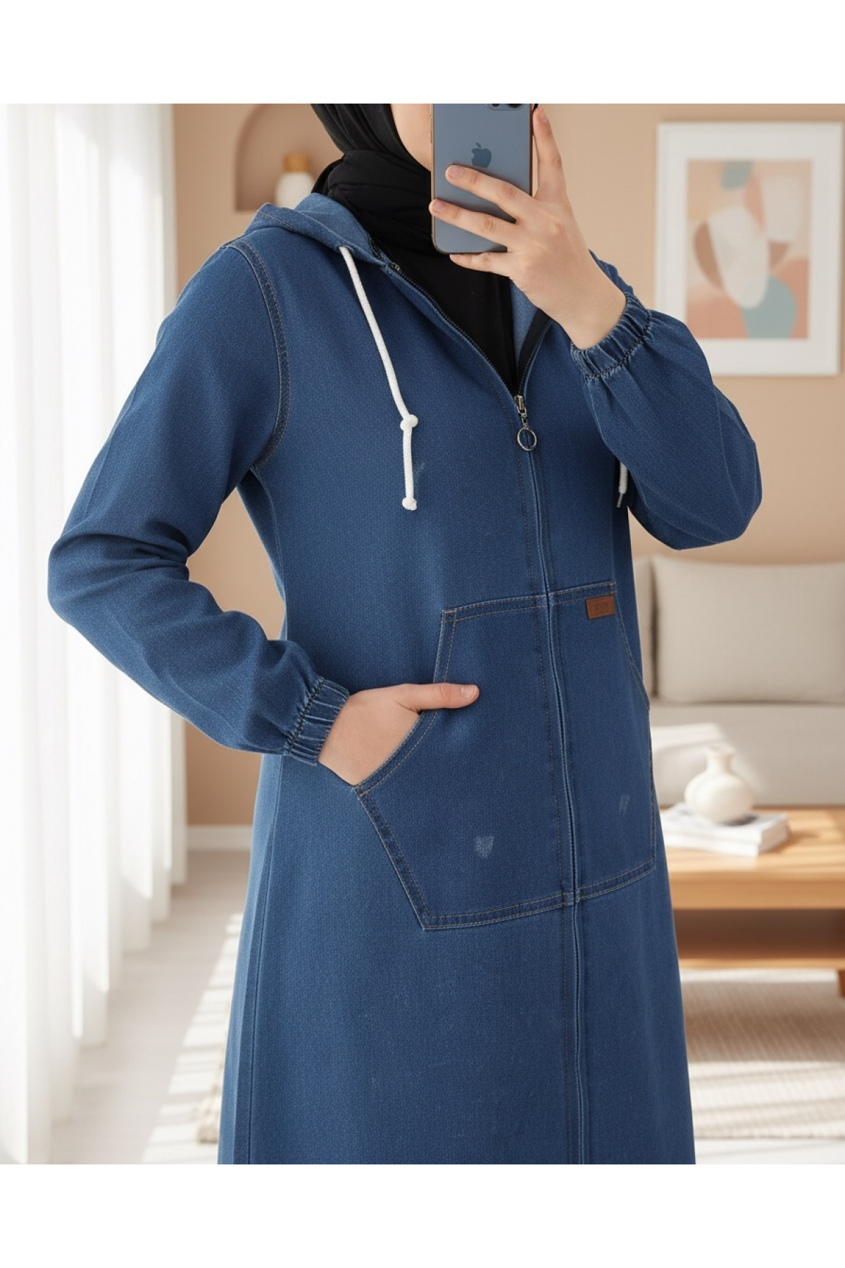 Oversized zipper hooded trench coat  -Blue