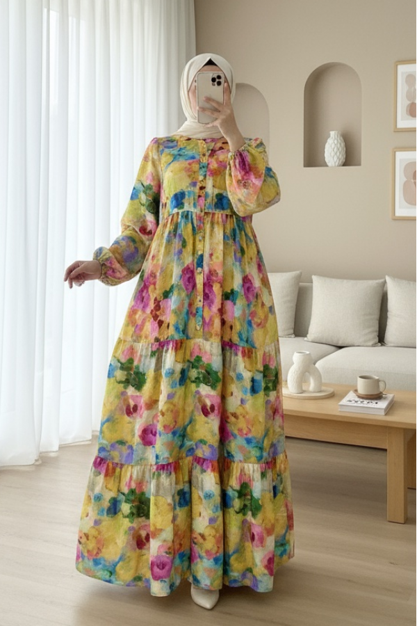 Karışık Desen Yarım Düğmeli Kolu Lastikli Elbise -Sarı
