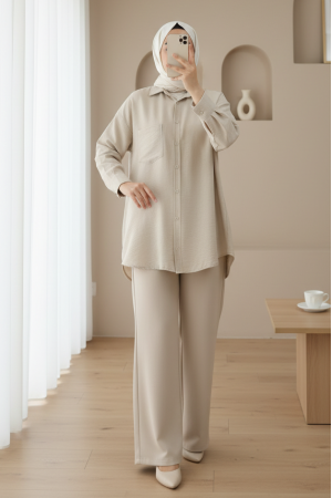 Tek Cepli Düğmeli Keten Gömlek -Taş