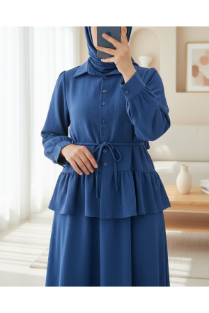 Parçalı Büzgülü Bluz Etekli Takım -İndigo