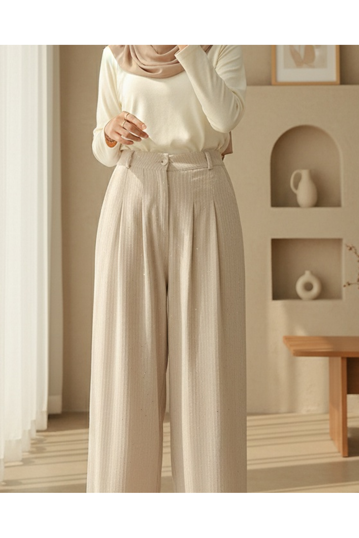 Wide Leg Velvet Trousers with Pockets and Sequin Detail  - Beige