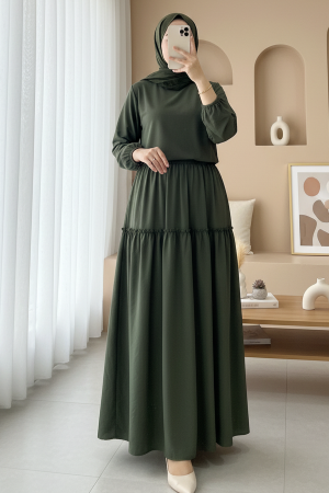 Elastic Waist Krash Pattern Parachute Skirt -Khaki