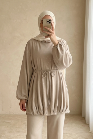 Oysho Sweat with Elastic Skirt and Tied Waist and Half Turtleneck -Light Mink