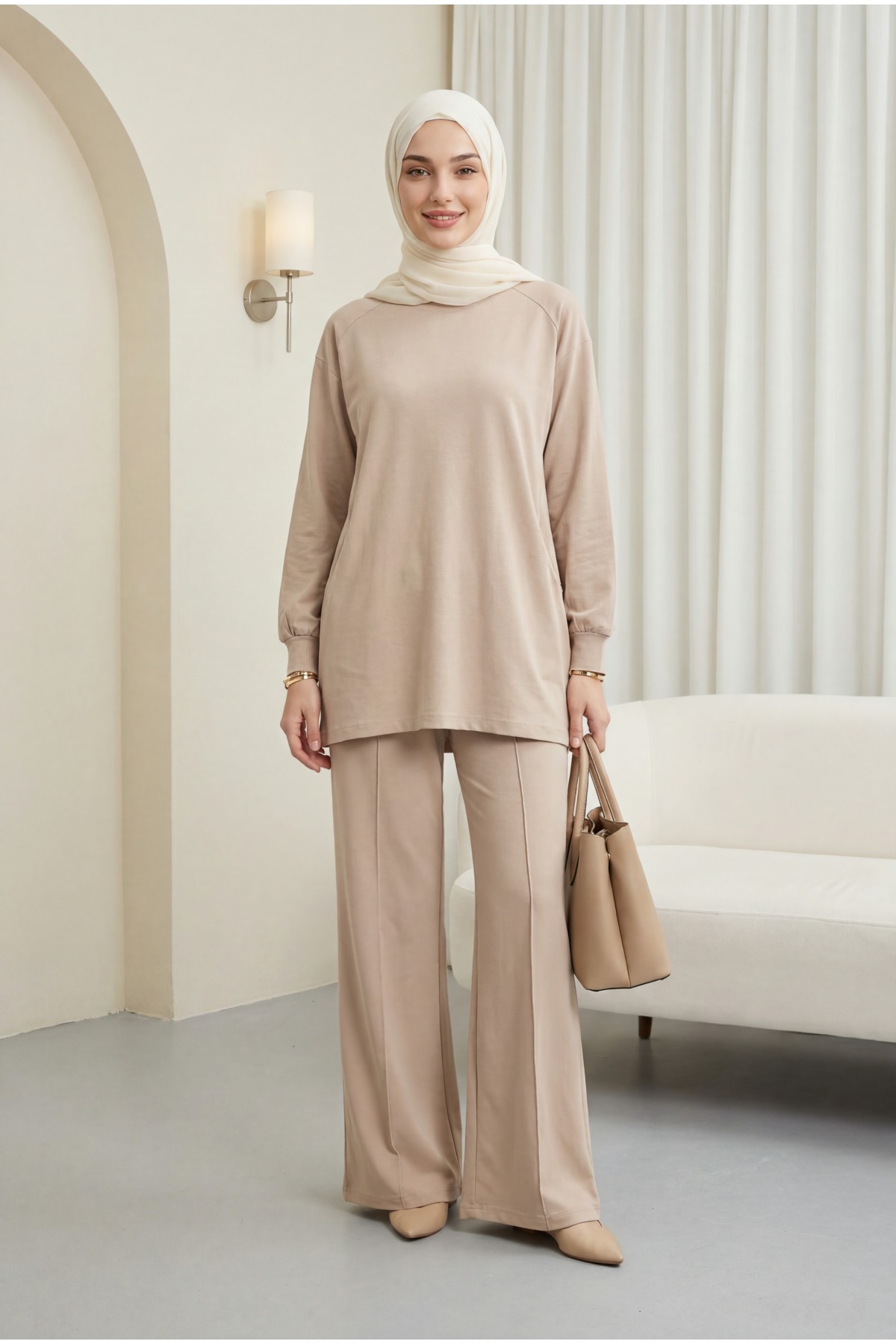 Crew Neck Oversize Cotton Jersey Set with Pockets and Trousers -Light Mink