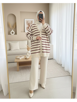 Çizgili Düğmeli V Yaka Triko Hırka     -Bej