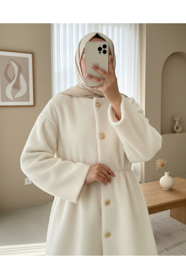 Furry Jacket with Lining and Drawstring Waist  -Cream color
