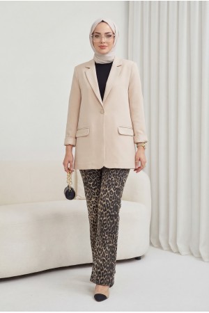 Cepli Tek Düğmeli Likralı Ceket  -Bej