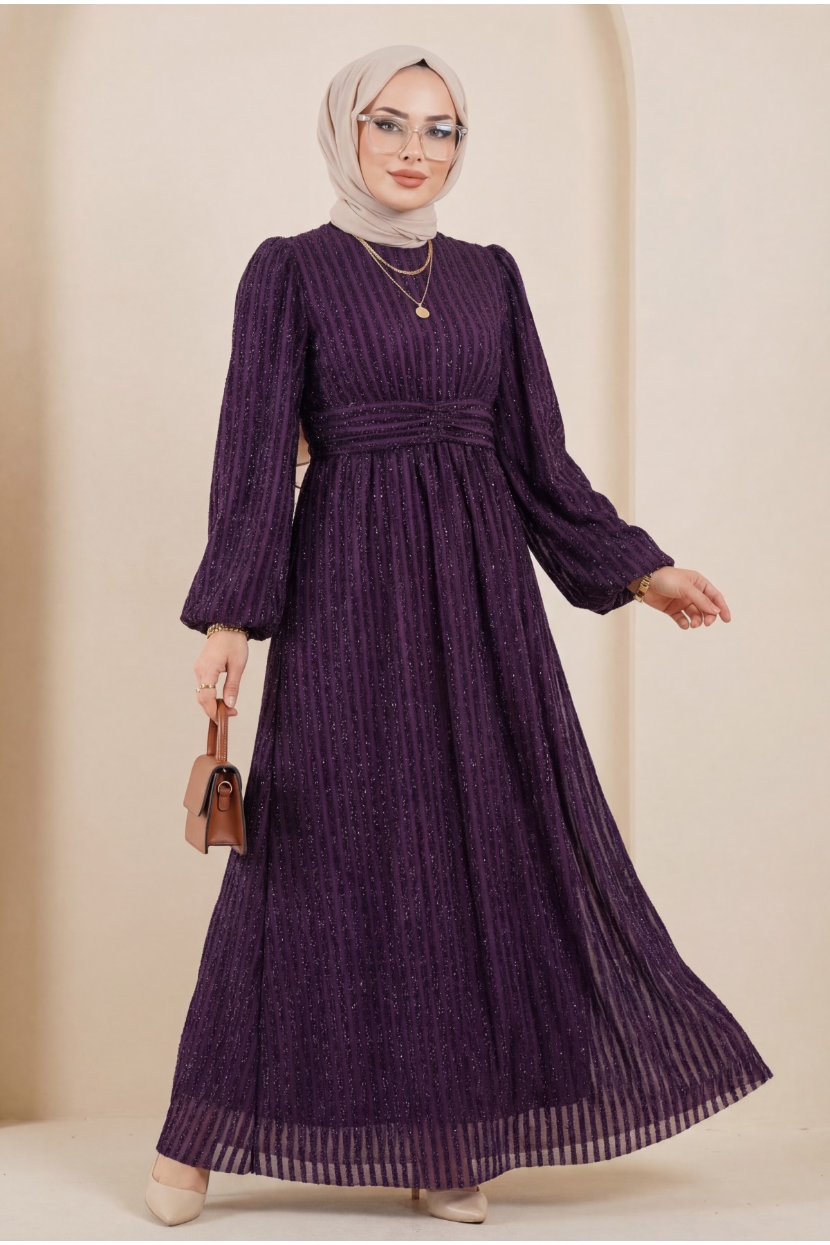 Elastic Sleeve Glitter Striped Belted Dress - Purple