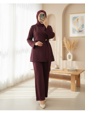 Önü Çapraz Bağlamalı Yırtmaçlı Scuba Takım  -Bordo