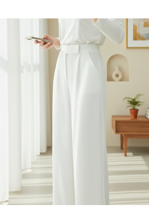 Beli Cırtcırt Detay Boru Paça Kumaş Pantolon  -Beyaz