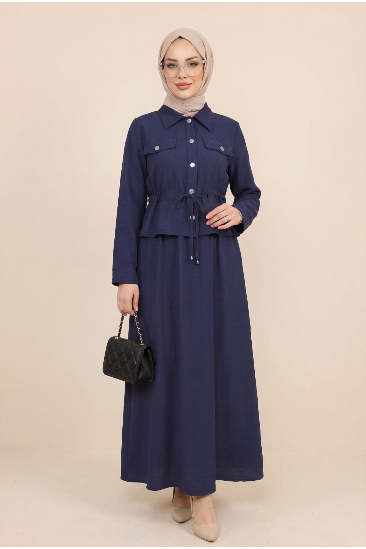 Metal Buttoned Waist Tied Shirt Vest Dress -Navy blue
