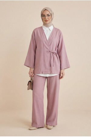 Front Tie Trouser Kimono Set      -Powder
