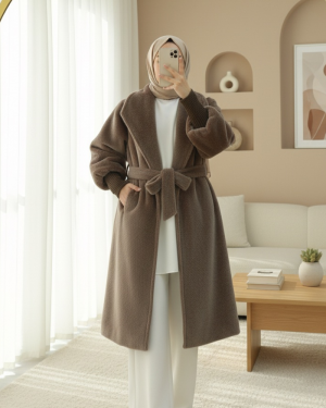 Shawl Collar Lined Cashmere Coat with Ribbed Sleeves     - Soil