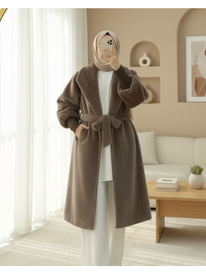 Shawl Collar Lined Cashmere Coat with Ribbed Sleeves     - Soil