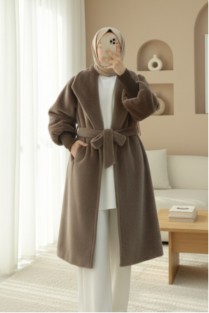 Kolu Ribanalı Şal Yaka Astarlı Kaşe Kaban     -Toprak