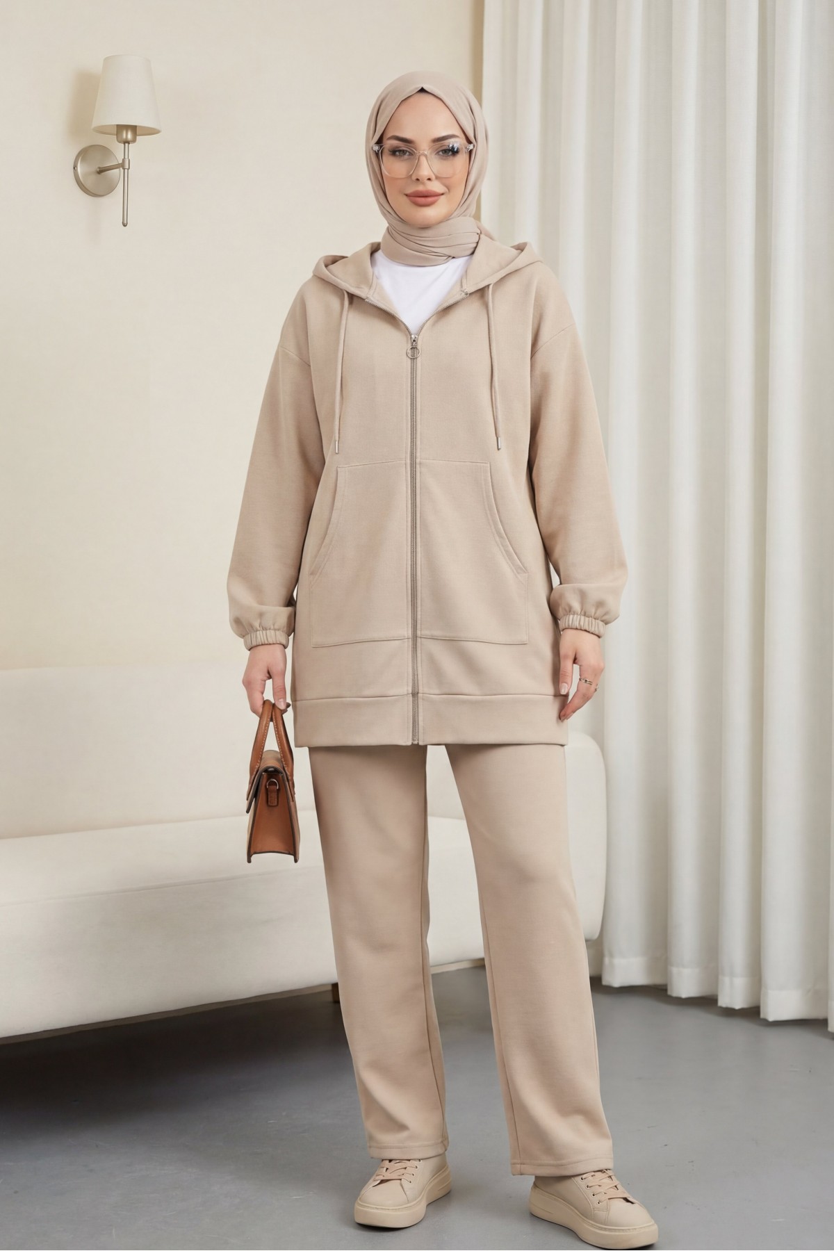 Zippered Hooded Combed Cotton Set    -Light Mink