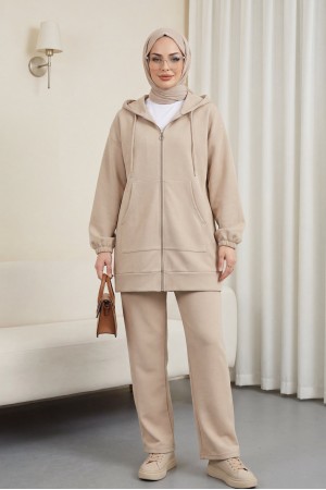 Fermuarlı Kapşonlu Penye Takım    -Açık Vizon