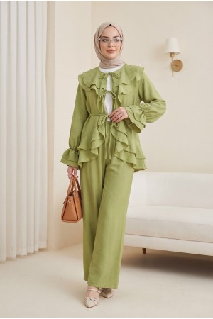 Cupra Suit with Lace-Up Front, Folded Collar, Elasticated Cuffs, and Lined Trousers -Oil Green