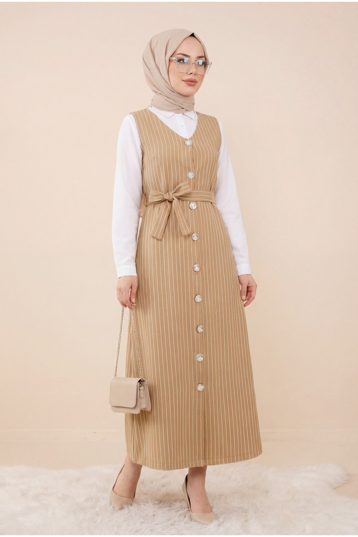 Buttoned Belted Striped Gilet  -Mink color