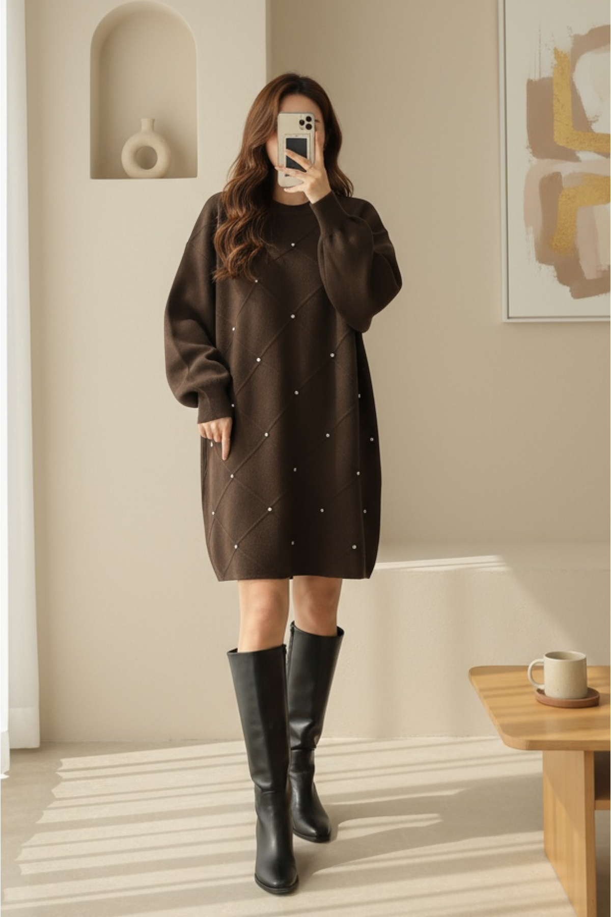 Square Patterned Knit Tunic with Stone Details -Brown