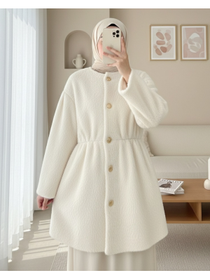 İçi Astarlı Beli Büzgülü Kürklü Ceket  -Krem