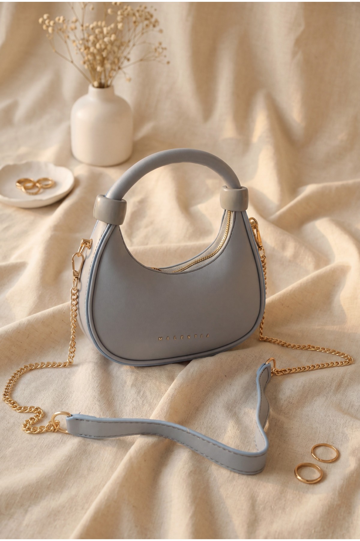 Modern Design Mini Hobo Bag with Knotted Handle and Shoulder Strap -Baby Blue