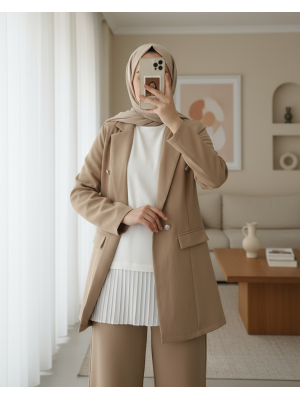 Eteği Tül Detaylı Pliseli Penye İçlik -Ekru