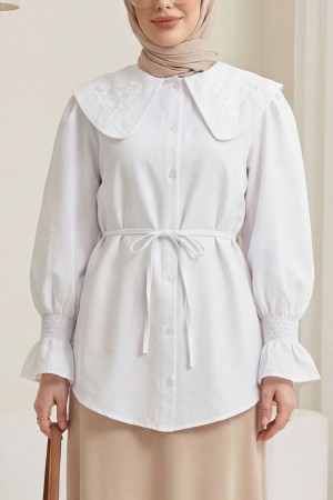 Bebe Yaka Nakışlı Beli Bağlamalı Poplin Gömlek -Beyaz