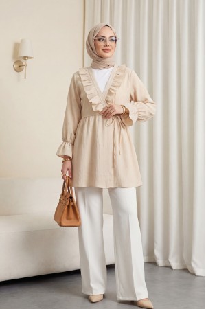 كيمونو مجعد مع ربطة أمامية مكشكشة -اللون البيج