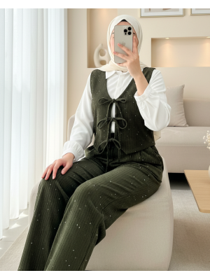 Önü Bağlamalı Yelek Pantolon Kadife Takım  -Haki