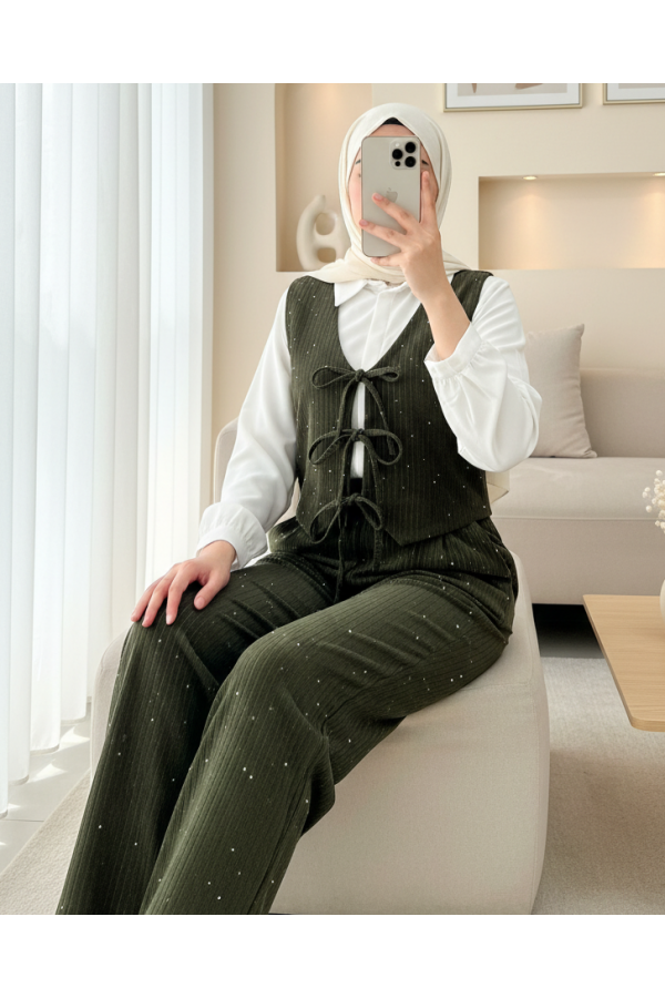 Tie-Front Vest and Trouser Velvet Set -Khaki
