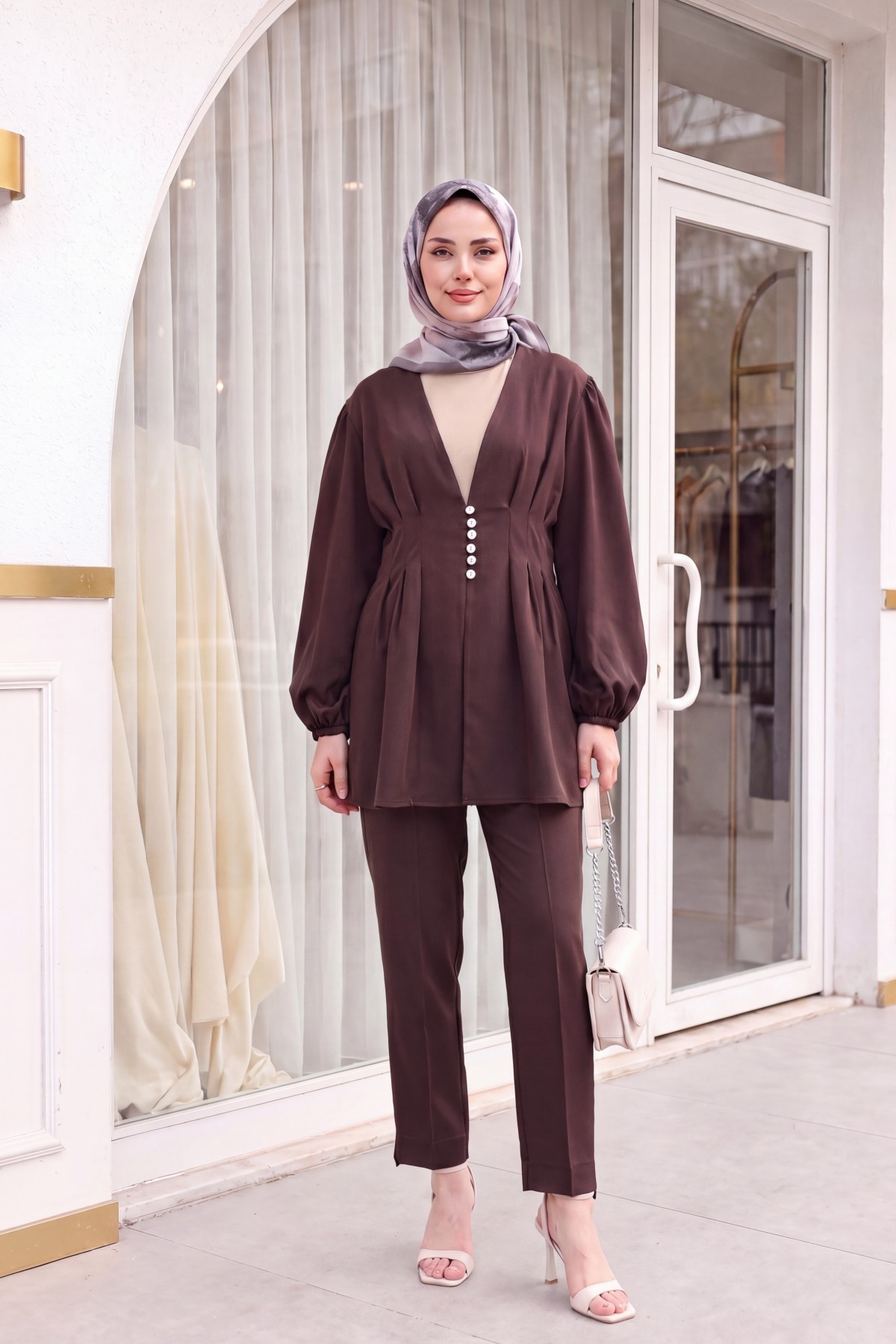 Stone Embellished Buttoned Double Pants Set with Elasticated Cuffs -Dark Coffee