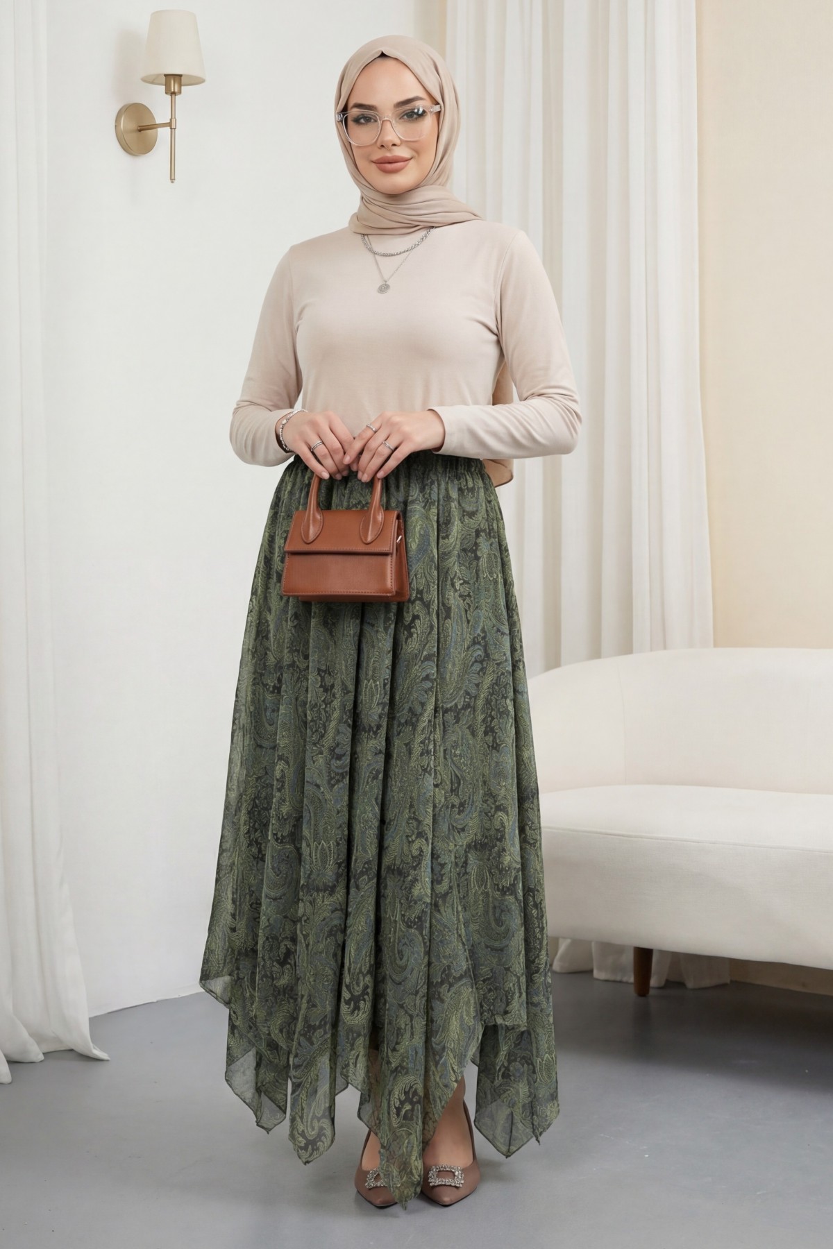 Patterned, Lined Chiffon Skirt with Elastic Waistband -Green