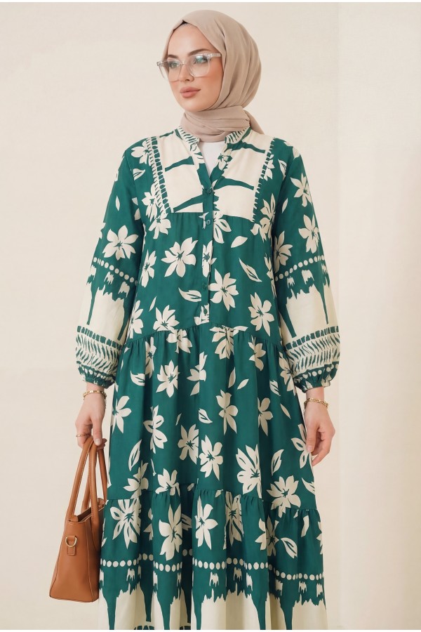 Half Buttoned Patterned Dress with Elastic Sleeves -Emerald
