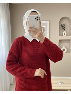 Bisiklet Yaka Baklava Desen Triko Kazak    -Kırmızı