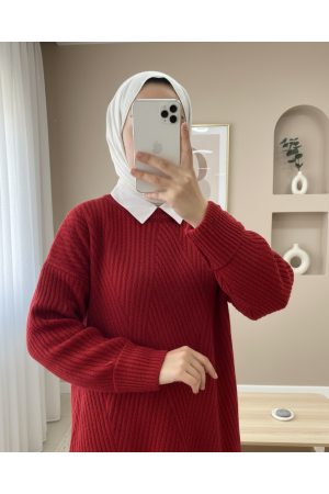 Bisiklet Yaka Baklava Desen Triko Kazak    -Kırmızı