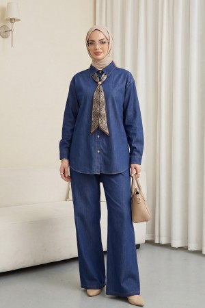 Broşlu Kemerli Taşlı Düğmeli Pantolonlu Tensel Kot Takım  -Laci