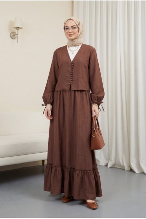 V Yaka Kolları Bağcıklı Top Düğmeli Etekli Viskon Takım  -Kahve