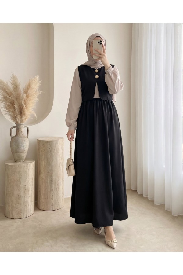 Zra Cupra Vest Dress Set with Elastic Waist and Half Button Closure -Black